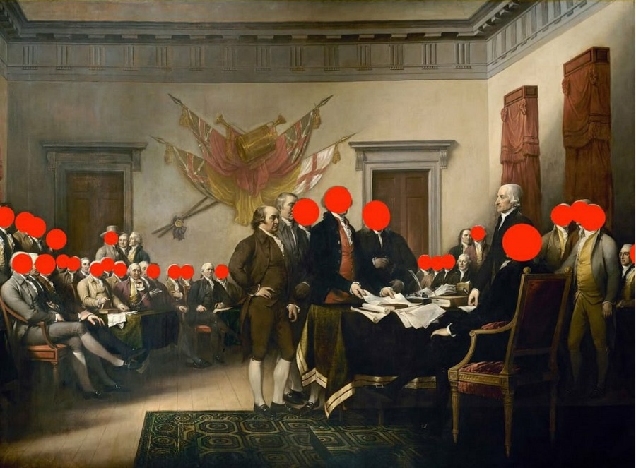 Картина Отцы-основатели США, подписание акта независимости. Красным помечены рабовладельцы и работорговцы, целых 47 из 56 отцов. Картина Отцы-основатели США, подписание акта независимости. Красным помечены рабовладельцы и работорговцы, целых 47 из 56 отцов.