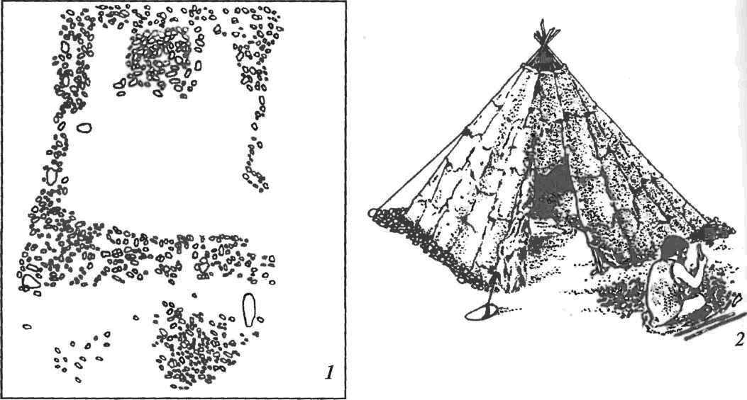 План и реконструкция квадратного мадленского жилища на стоянке Плато Парен
