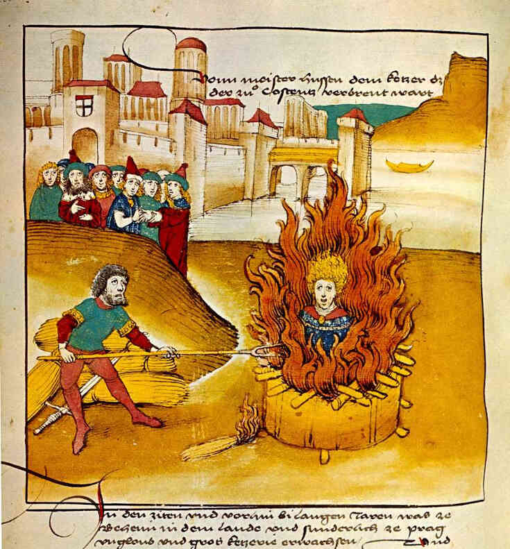 Ян Гус на костре, Шпиц хроники (1485).  Ян Гус на костре, Шпиц хроники (1485).